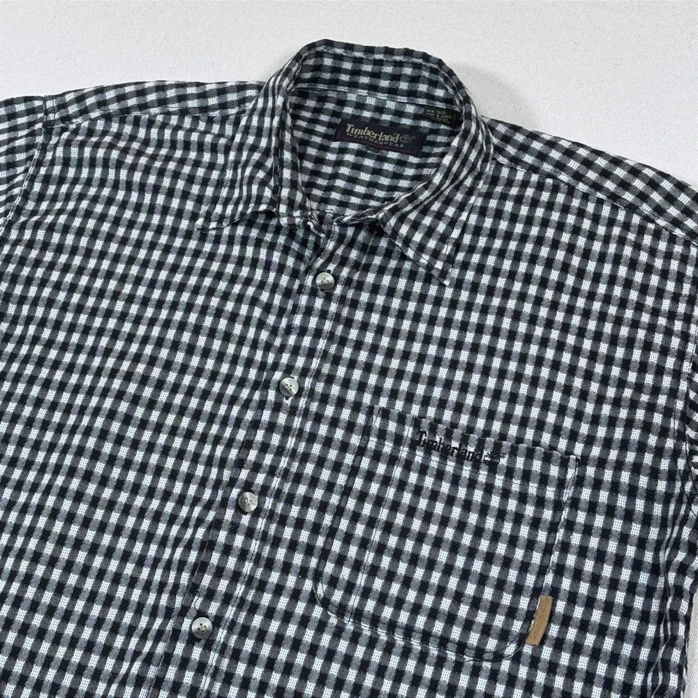 Timberland Weathergear Mens Gingham Check Short Sleeve Button Down Shirt L Black